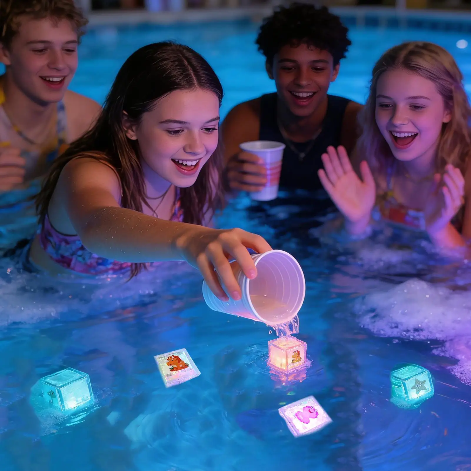 Światło LED Magiczne, Kolorowe, Wolno Migające, Emitujące Światło Podczas Kąpieli w Łazience. Kostka Lodu Świecąca w Wodzie.