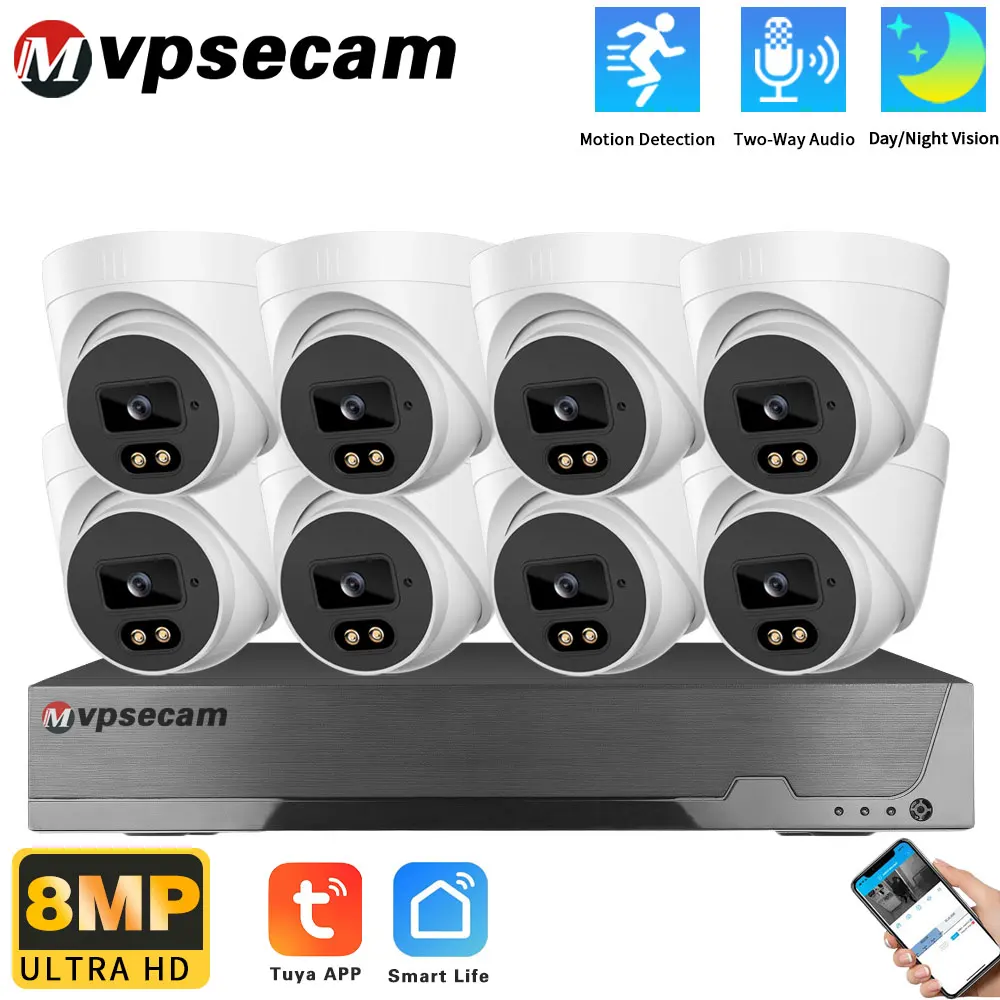 Tuya 4K 8MP 8CH POE NVR System Kit Outdoor Audio Night Vision Security IP Camera System CCTV Video Surveillance Camera