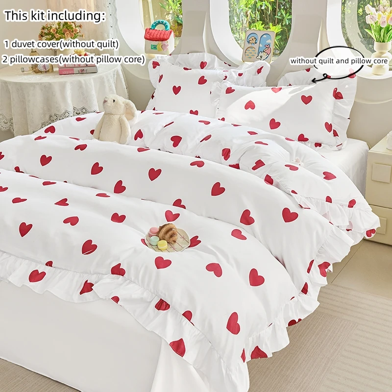 3pcs red heart Duvet Cover Set (1*Duvet Cover + 2*Pillowcase, Without Core), ruffles Bedding Set