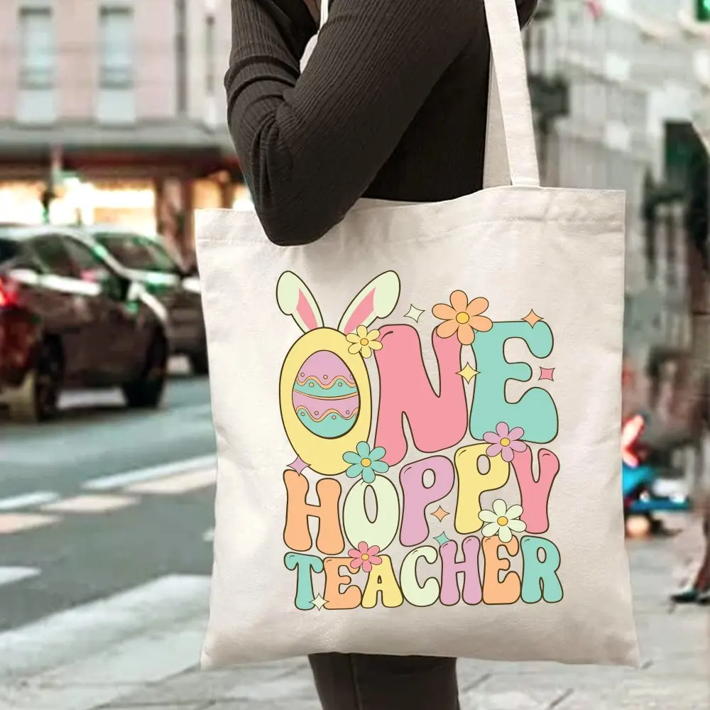 Easter Teacher Canvas Tote Bag - Durable Large Capacity Handbag with Fun Bunny Print for Daily Commute, Outdoor Picnic, Party