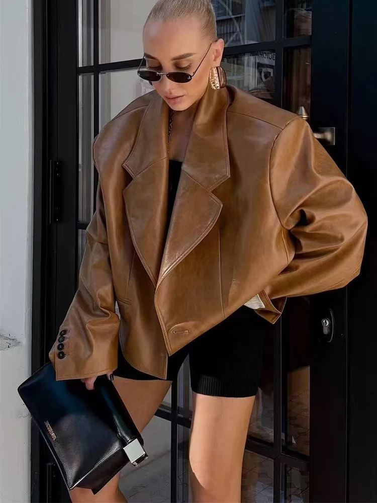 TFMLN Women Leather Suit Coat Lapel Single Button Jacket Slim Fit Retro Fashin Female Faux Pu Blazer Lady High Street Jacket