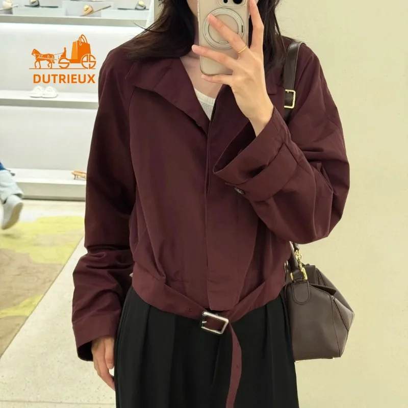 Women's Autumn and Winter Waist Tie Half Turtleneck Jacket,100% Polyester Short Version Versatile Modern and Fashionable Buttons