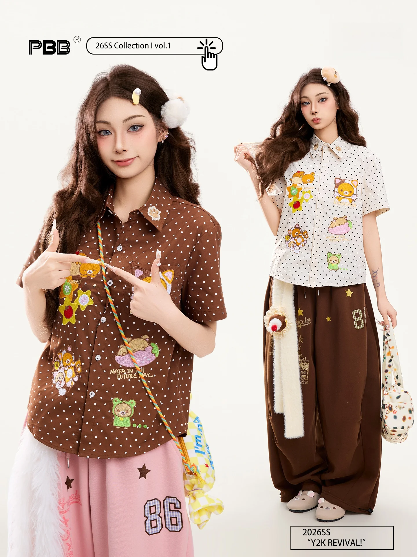 

PBB Cute Bear Embroidery Short Sleeve Shirt Women's Casual Cotton Polka Dot Outerwear Spring Summer Fashionable Youthful