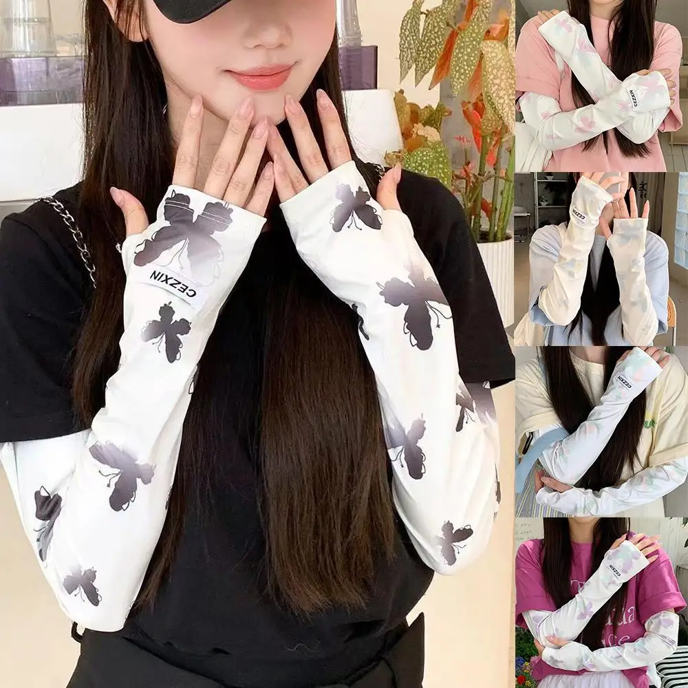 Summer Ice Silk Sunscreen Sleeve Butterfly Print Sun Uv Protection Arm Sleeves Outdoor Driving Riding Arm Sleeves Cover 1 Pair