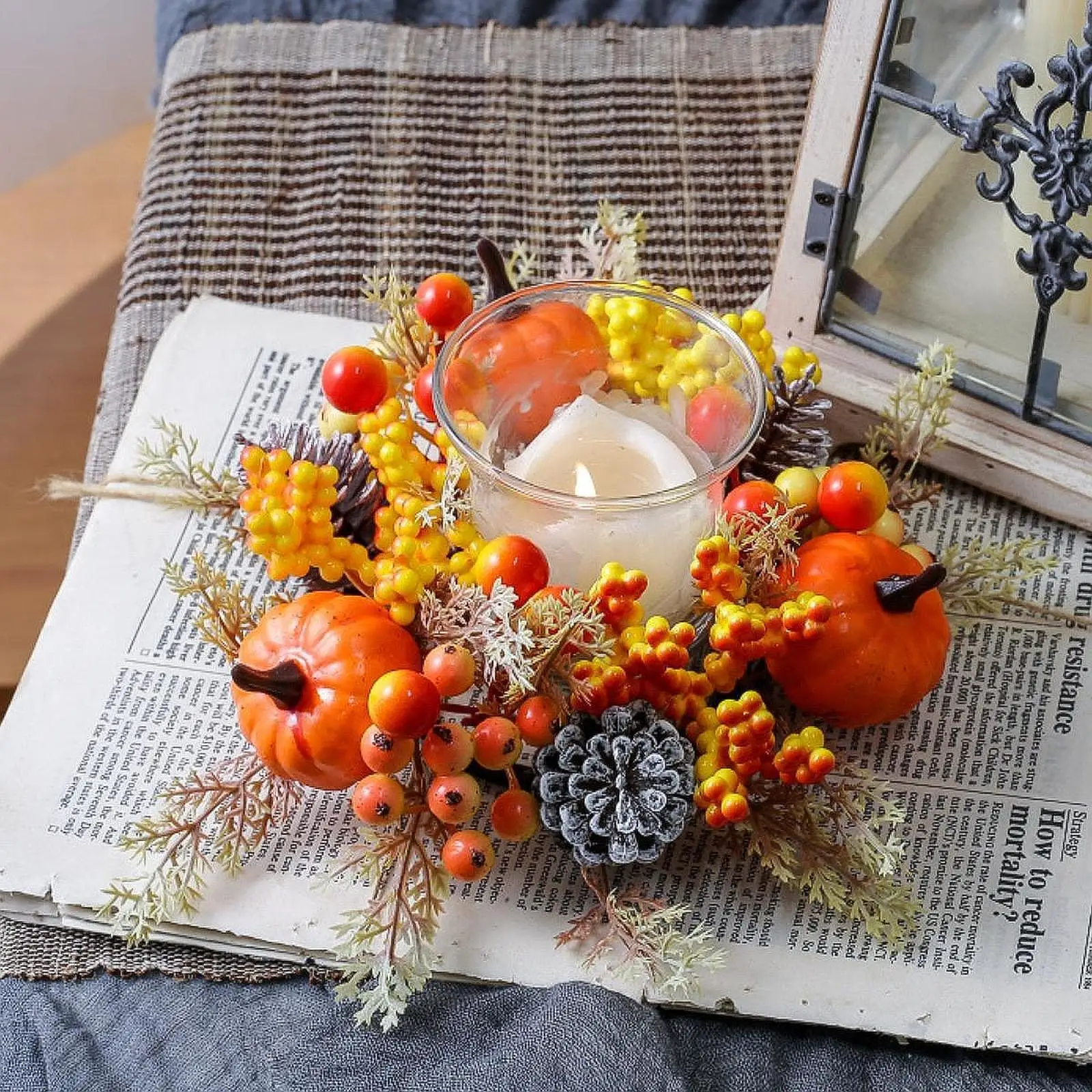 إكليل شمعة صناعي، قطع مركزية على شكل يقطين، ديكور منزلي، إكليل الخريف، إكليل عيد الشكر، عيد الشكر