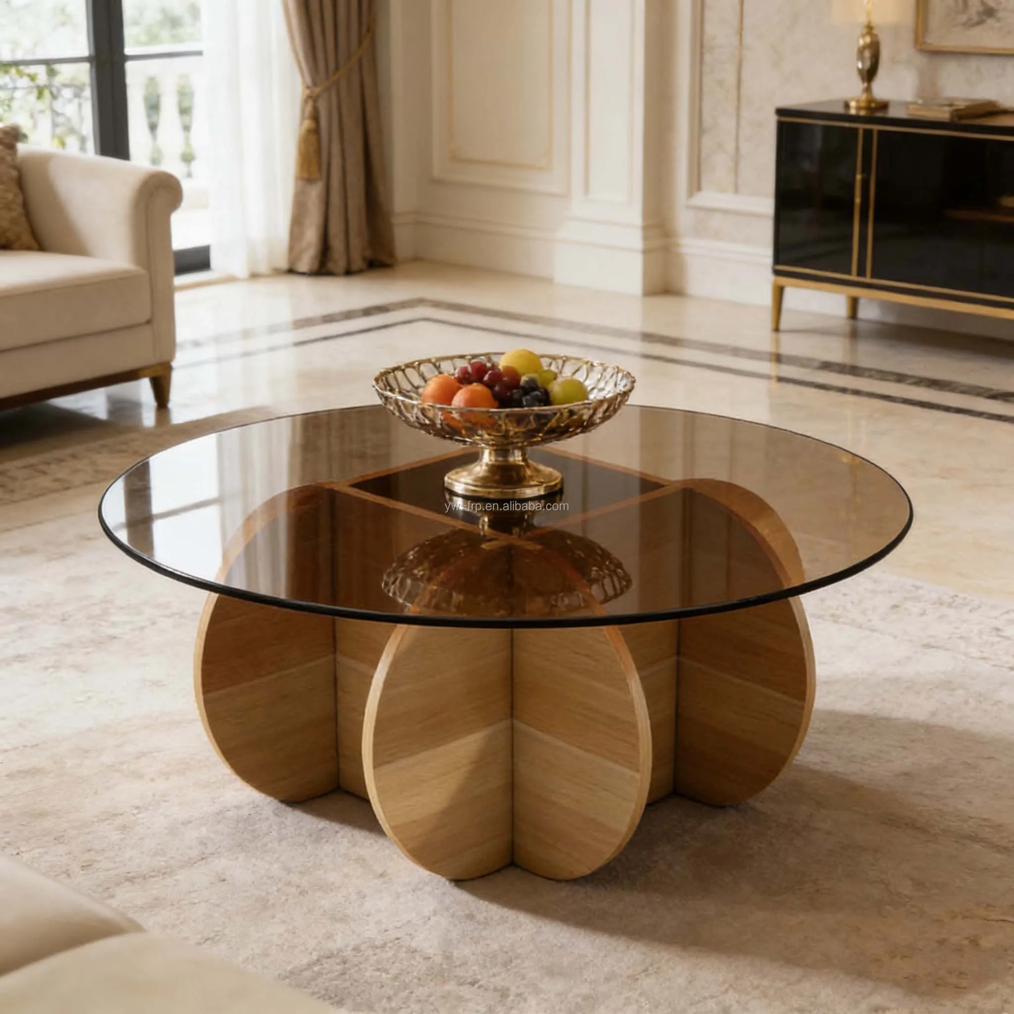 

✿ Современный круглый кофейный столик на заказ с коричневой закаленной столешницей и деревянным основанием для гостиной, отеля, двора, квартиры, дома.