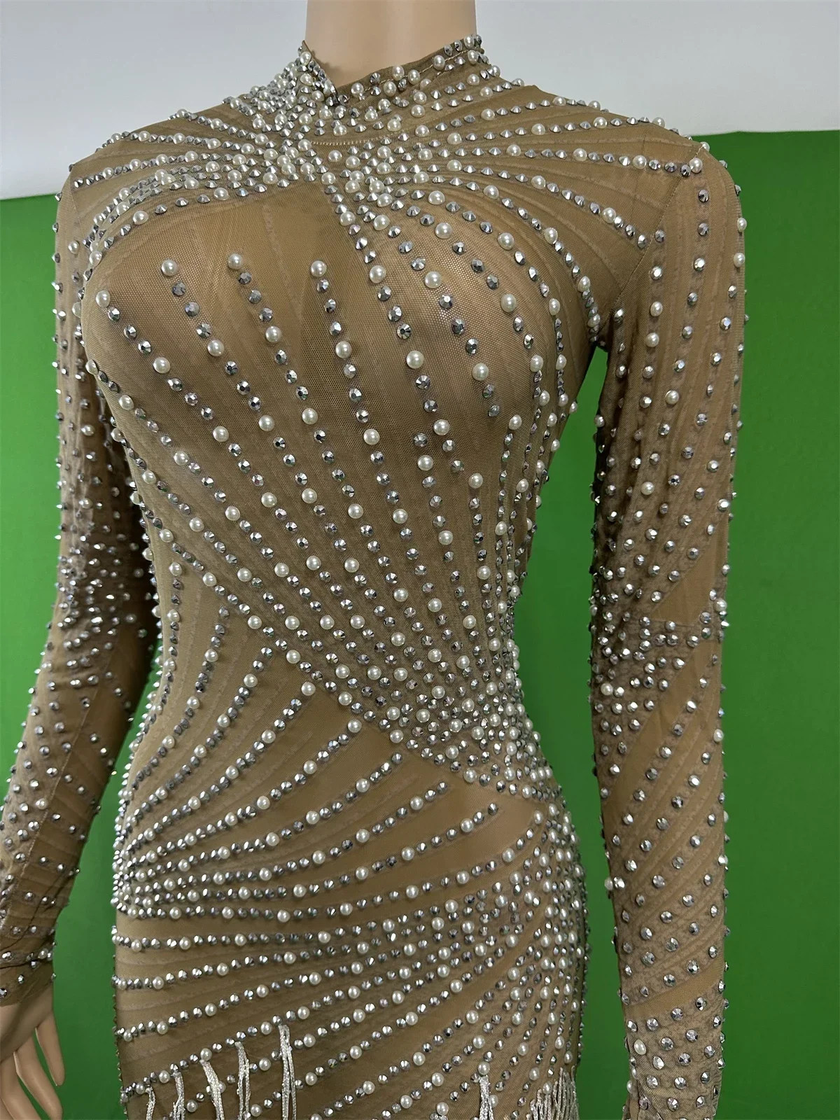 

Night Club Stage Wear Women Sparkly Pearl Fringe Rhinestone Stretch Dress Cheerleading Bodycon Queen Costumes 2025 New