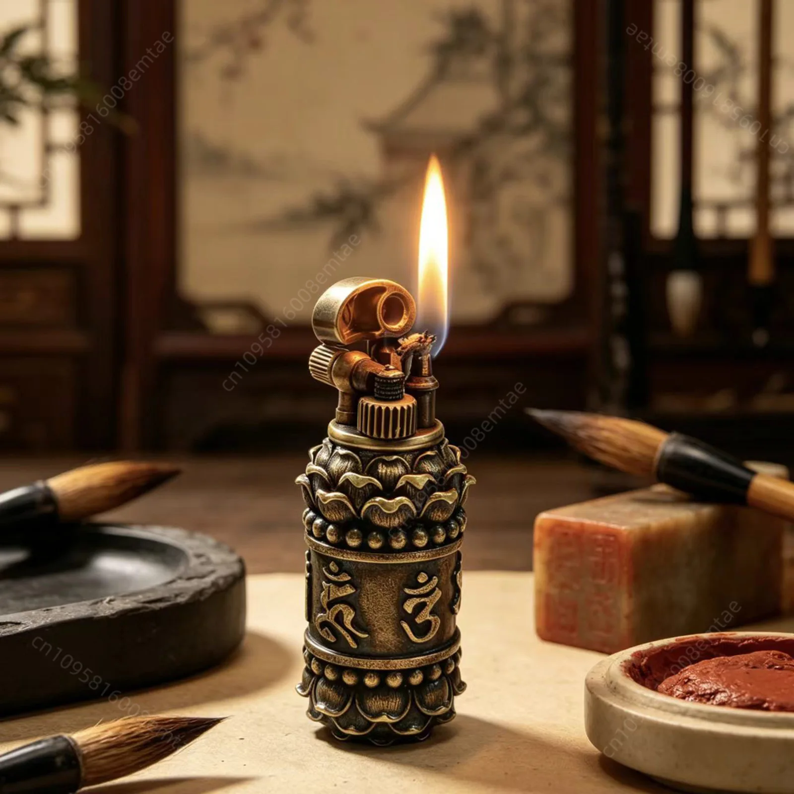 New handmade pure copper fuel lighter, cylindrical lotus six character mantra retro portable lighter, cigarette accessories