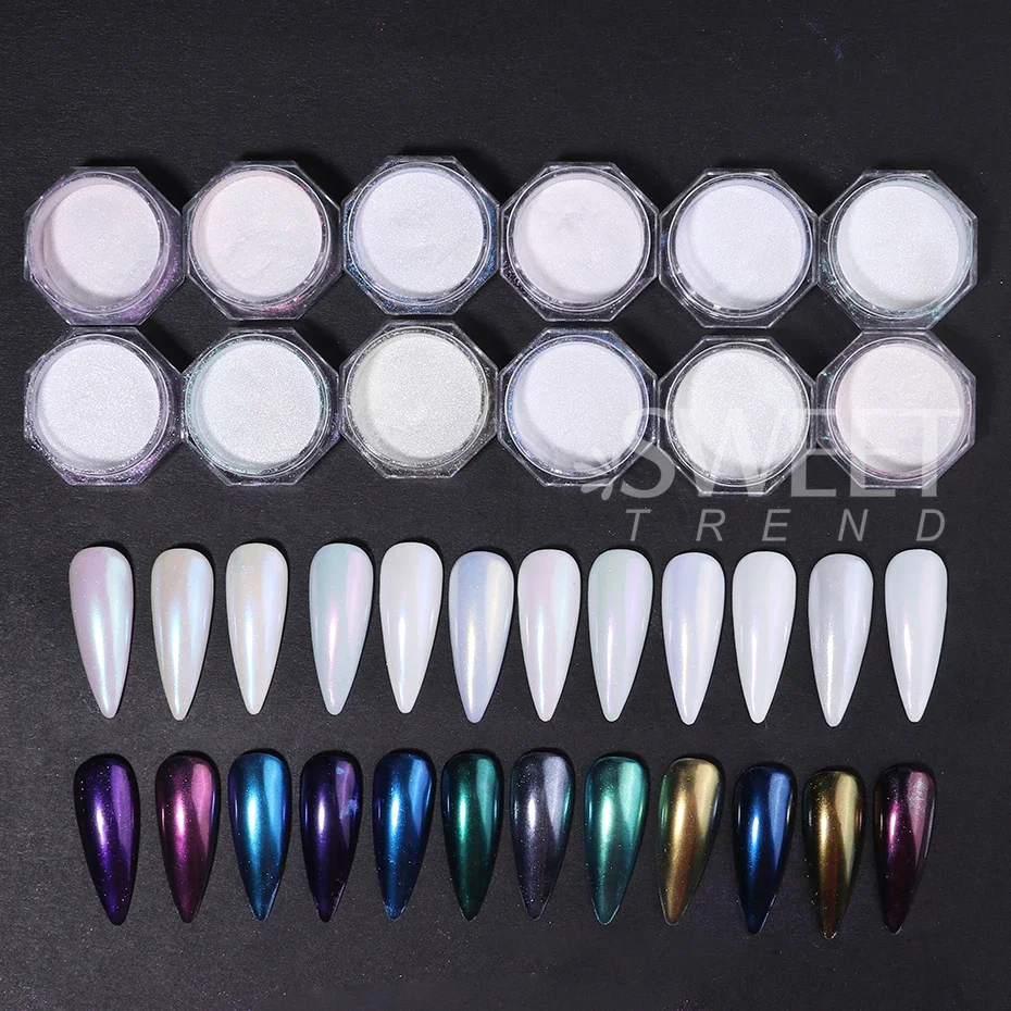 12pcs/set Shimmer Aurora Nail Mirror Powder Pearl White Aurora Chrome Powder DIY Pigment Rubbing Dust Holo Manicure Decoration