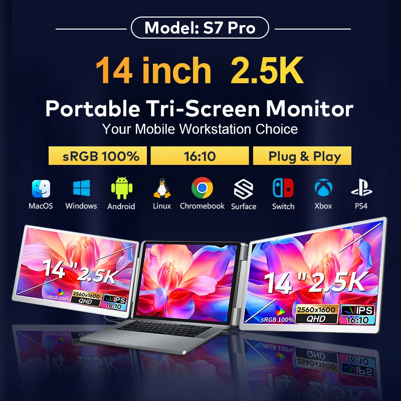 Ultra Wide 14 Inch Dual Triple Screen Monitor Portable IPS Panel Laptop 2.5K Display 2560*1600 USB-C Resolution Stock Monitor