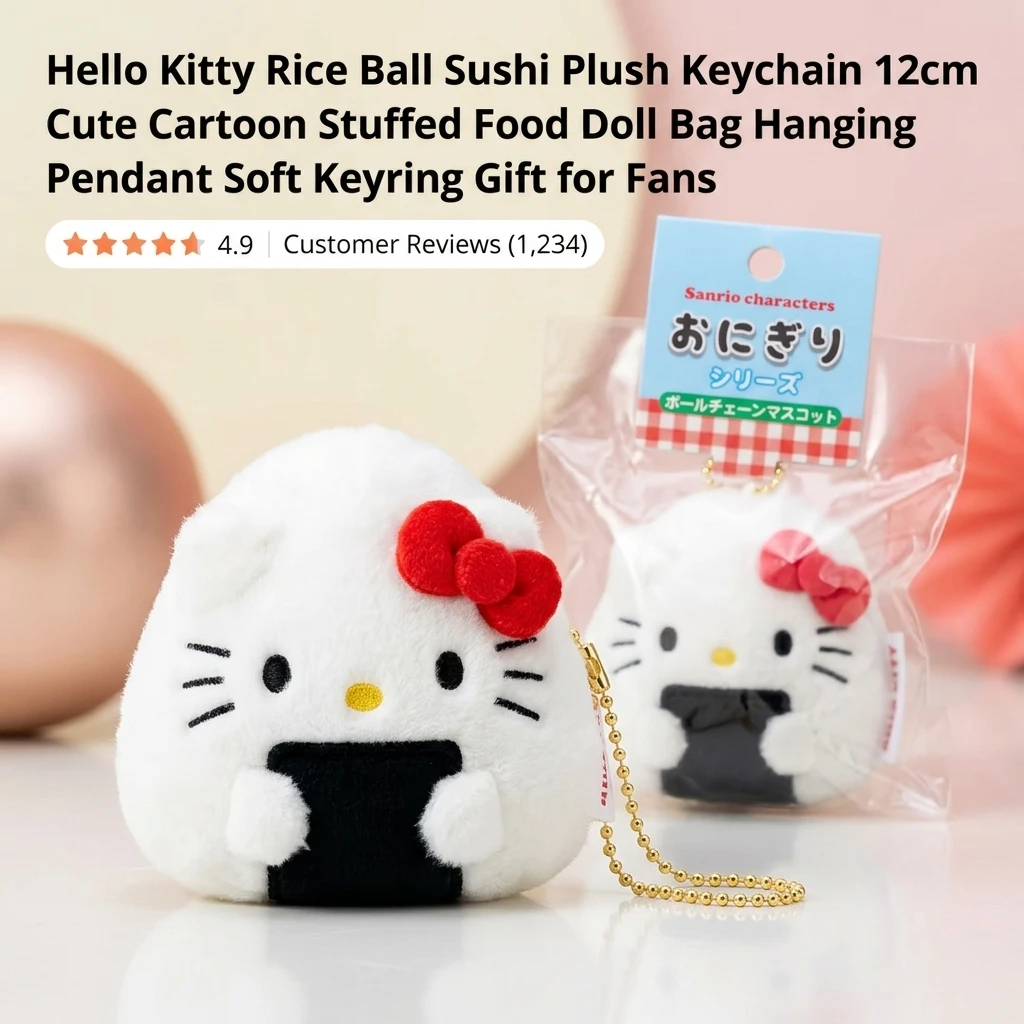 Hello Kitty Rice Ball Sushi Plush Keychain 12cm Cute Cartoon Stuffed Food Doll Bag Hanging Pendant Soft Keyring Gift for Fans