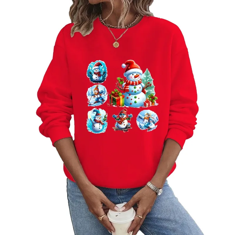 

Рождественская толстовка с круглым вырезом и длинными рукавами с принтом снеговика для мужчин и женщин, праздничная мода в европейском и американском стиле