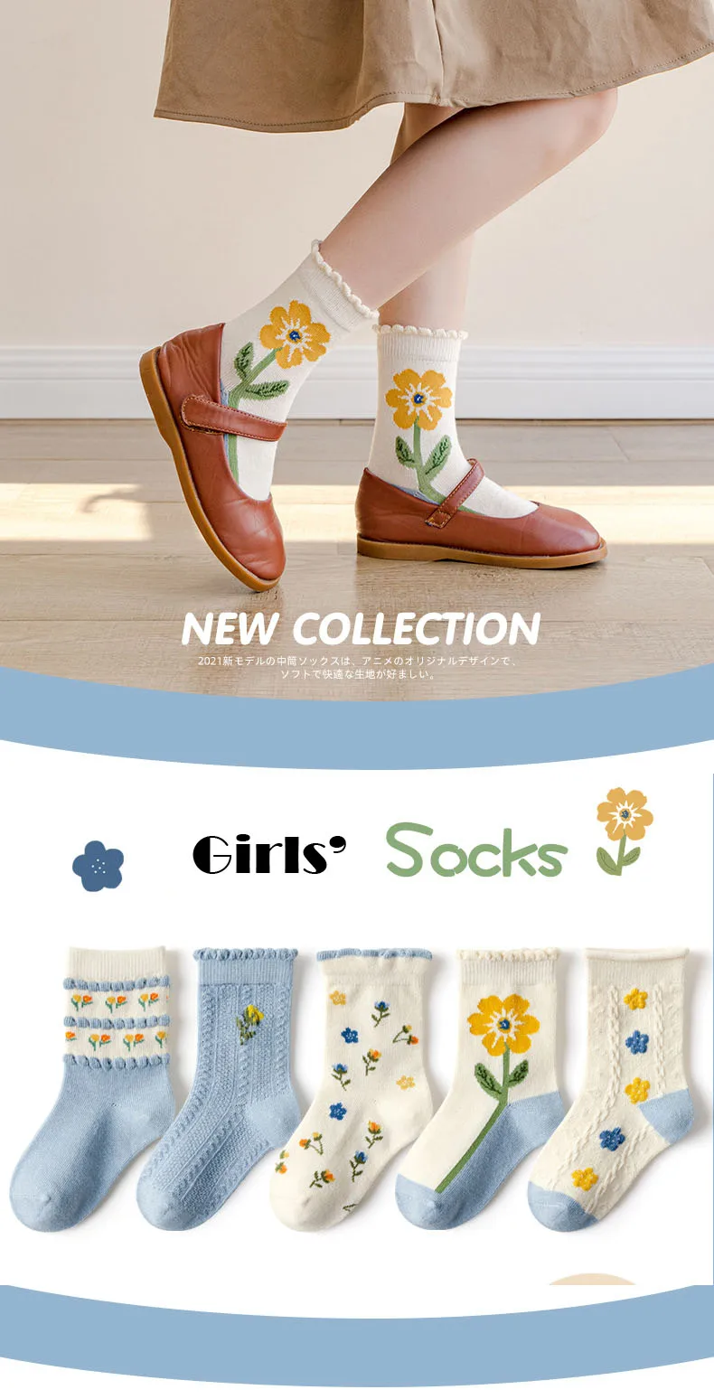 5 Paar Kinder-Blumensocken Kleinkind-Mädchensocken Frühling Herbst Blumenstickerei Atmungsaktive Kindersocken – Detail 1
