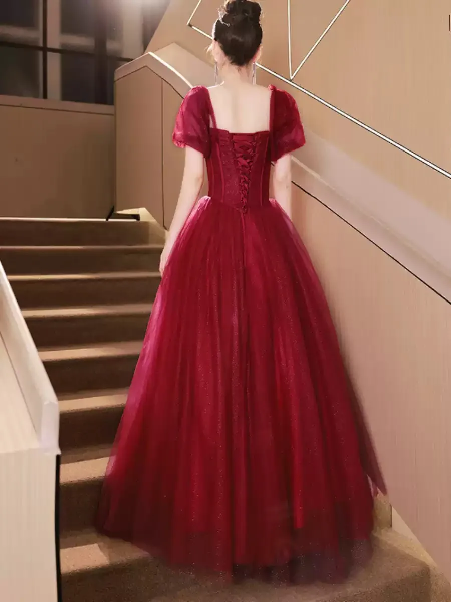 Dark Red Evening Dresses Long Prom Gowns Scoop Short Sleeves Exposed Boning Sequined Tulle Applique with Beads