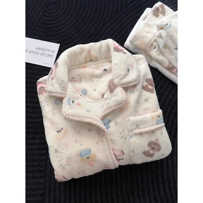 

Winter Women's Pajama Set New Girl Nightwear Floral Party Dog Coral Fleece Cozy Thick Warm Winter Flannel Cartoon Loungewear Set