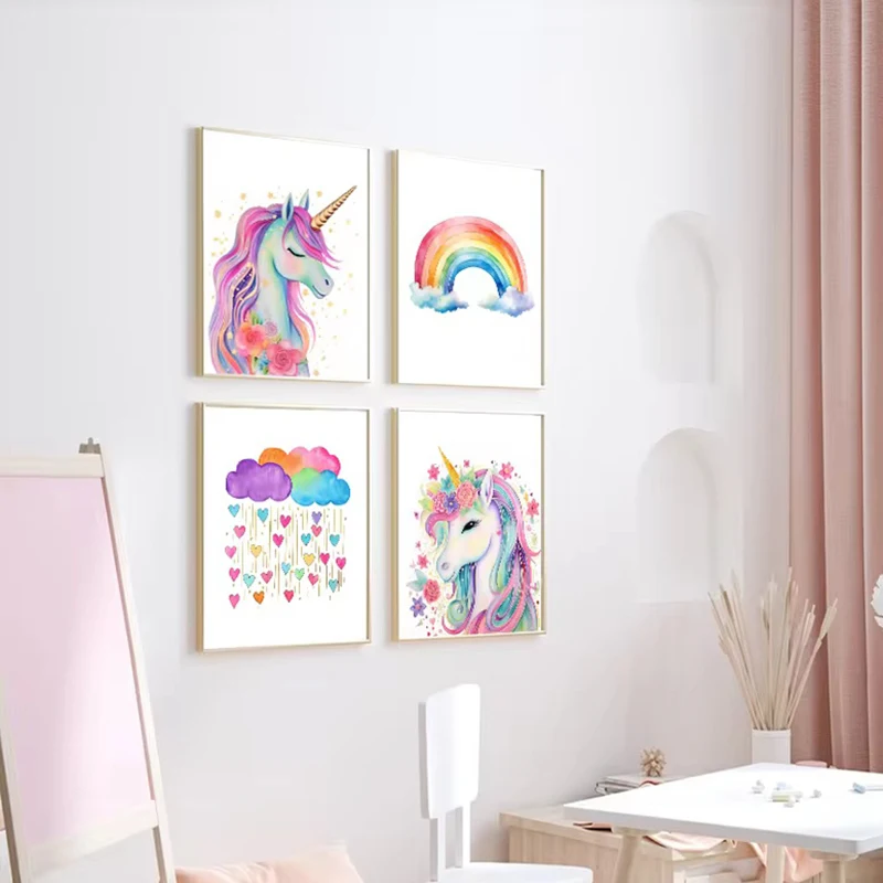Impresiones artísticas de pared en lienzo de unicornio, nube, arcoíris, póster de unicornio para decoración de habitación de niñas, cuadro de pintura en lienzo bonito, Mural para decoración del hogar