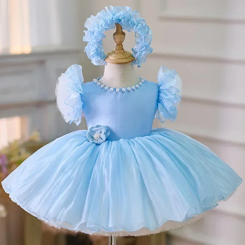 

2025 Summer Baby Girls 1st Birthday Party Dress Toddler Kids Bow Fluffy Tutu Gown Flower Girls Blue Dresses For Wedding Ceremony