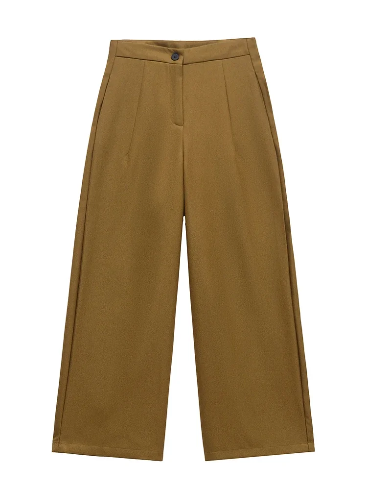 

Willshela Women Fashion Yellow Front Zipper Pleated Straight Pants Vintage High Waist Full Length Female Chic Lady Trousers