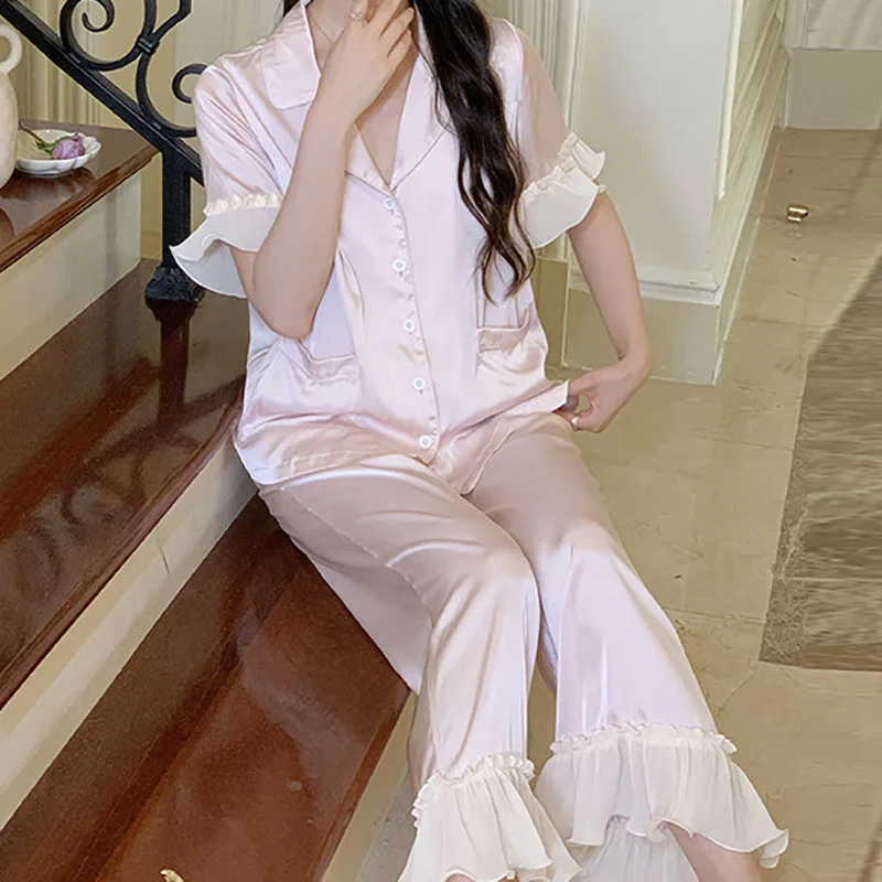 Pink Women Silk Ruffles Short Sleeve Princess Pyjama Pour Femme Sleepwear Loungewear Sweet Girl Nightwear Two Piece Sets