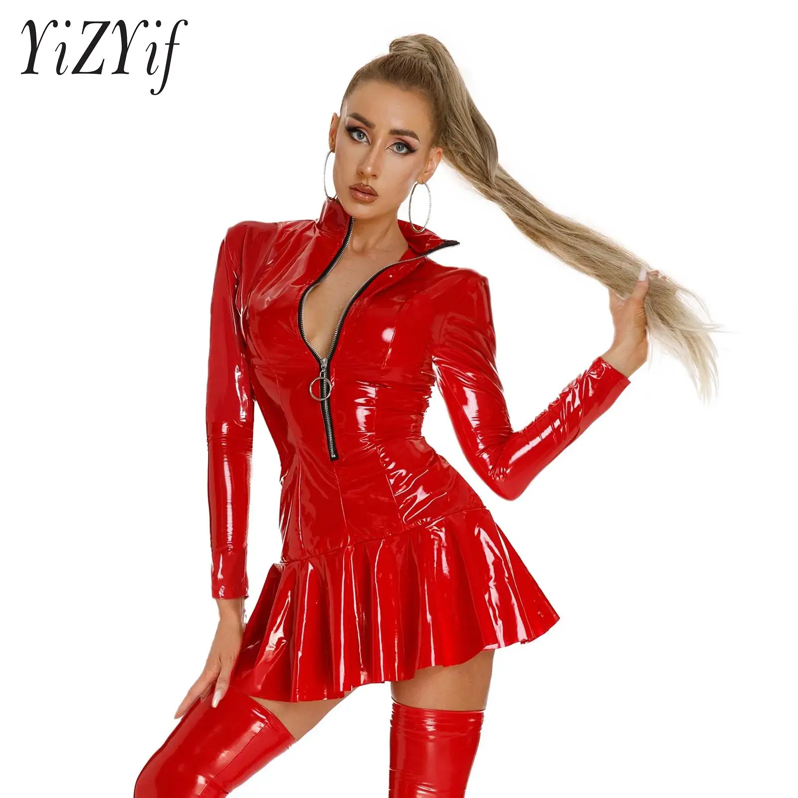 

Womens Long Sleeve Patent Leather Ruffle Dress Wet Look Stand Collar Zipper Mini Dress Nightclub Party Stage Performance Costume