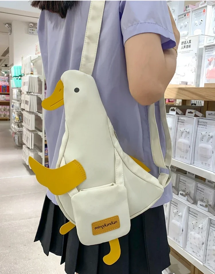 Stylish Funny Cartoon Duck Shaped Waterproof Textile Mobile Phone Crossbody Bag 2024 Japan Harajuku Fabric Kawaii Chest Pack Bag