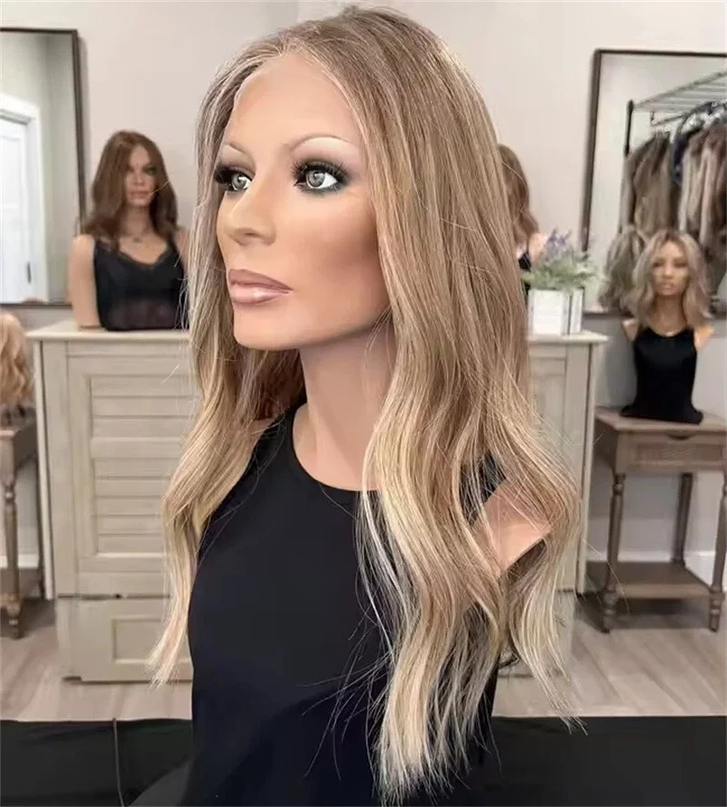 أشقر فاتح طويل مع تسليط الضوء على شعر مستعار صناعي بدانتيل أمامي للنساء، شعر مستعار جميل طبيعي مموج متوسط الحجم عالي الدقة بدون صمغ