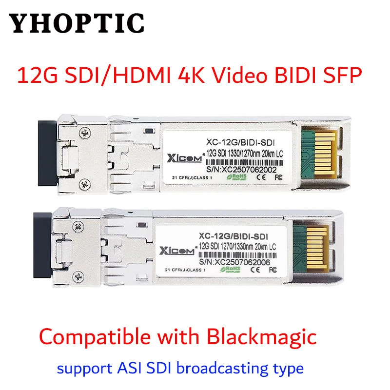 High speed SFP single fiber 12G-SDI/SD-SDI transceiver module for 4K video - compatible with Blackmagic Design BMD Yellowbrick