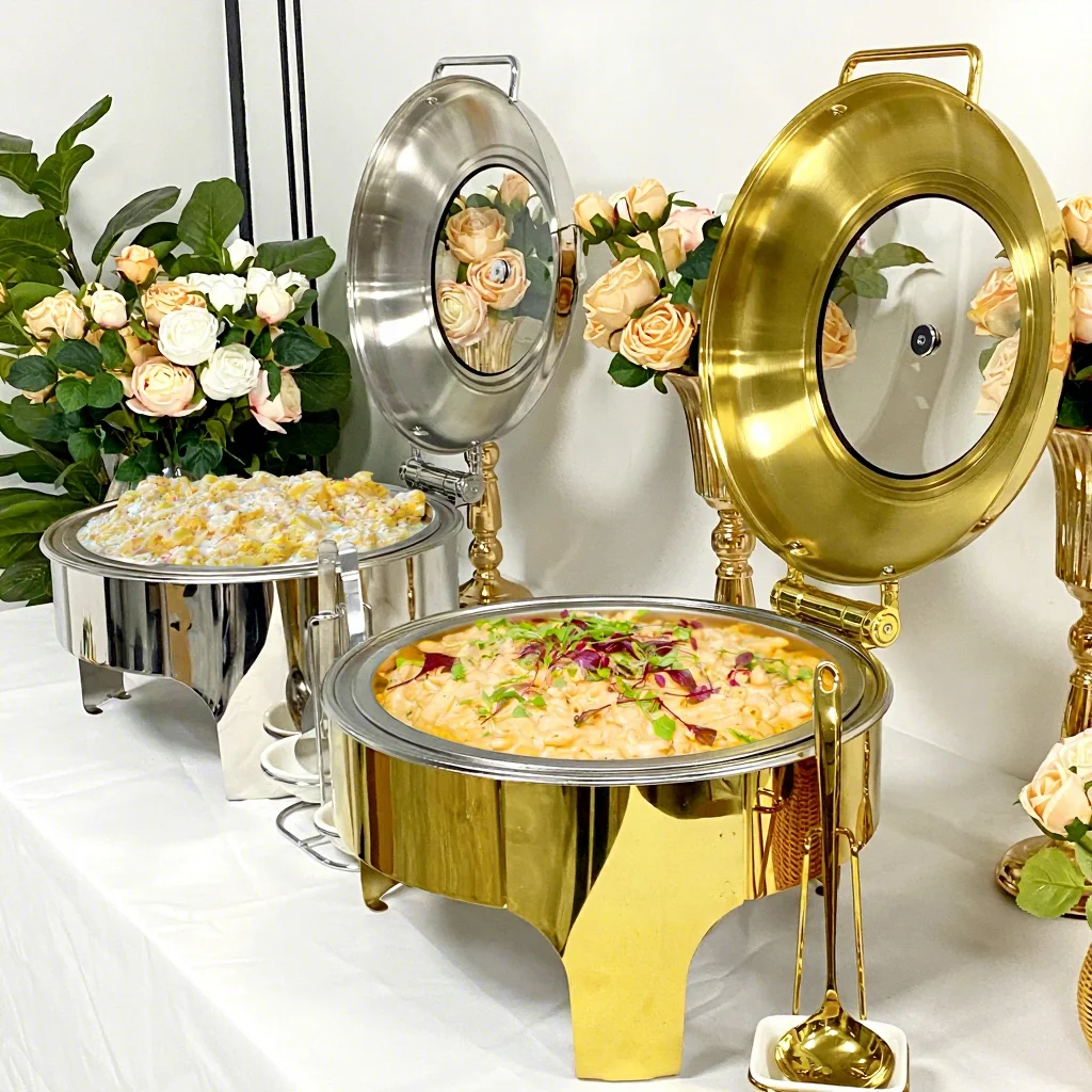 Self-service food display round hot pot buffet set, party and wedding food, heater, stainless steel gold hot pot, catering