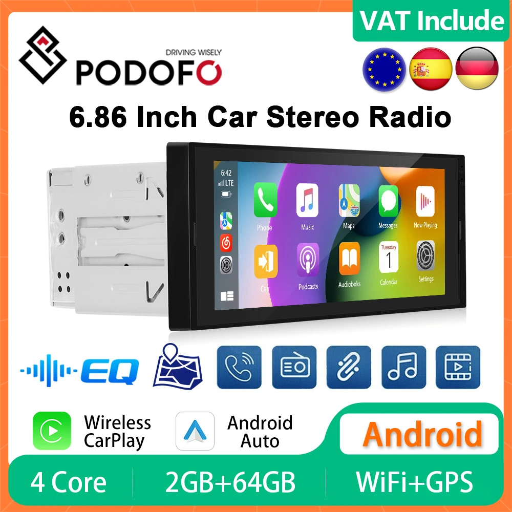 Podofo Wireless CarPlay Android Radio 6.86