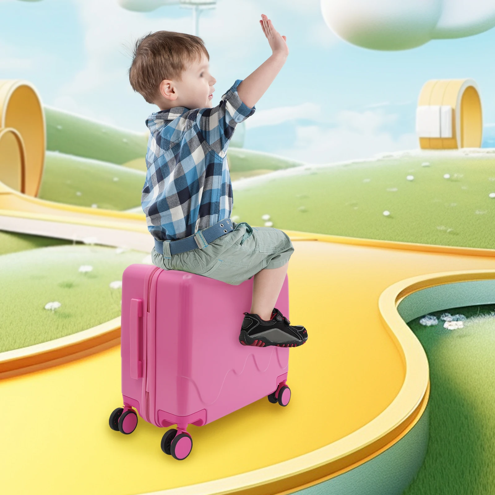 18" 3 - 6 Years Old Kids Ride-On Suitcase with Lock Spacious Storage 3-Layer PVC Structure Adjustable Pull Rod