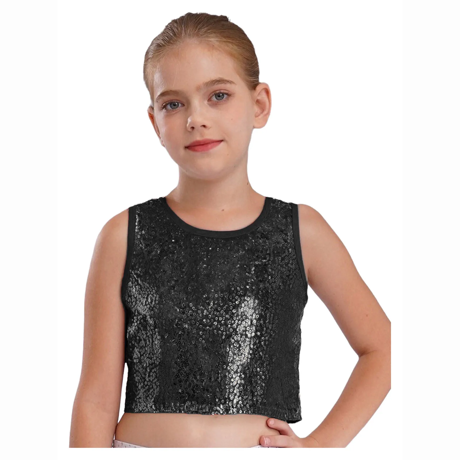

Girls School Stage Performance Crop Tops Jazz Dance Top Sparkling Sequins Tank Top Round Neck Sleeveless Vest