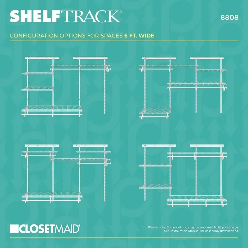 Shelftrack نظام منظم خزانة سلكية ، قابل للتعديل من 4 إلى 6 أقدام قضبان ملابس فولاذية متينة مع أرفف ، أجهزة ، أبيض