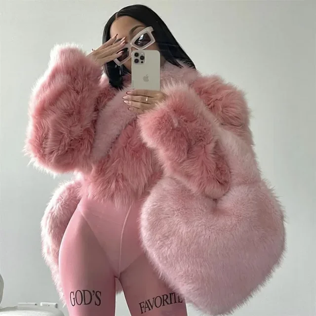 Y2k Hot Girls Fluffy Shoulder Bags Love Heart Female Pink Plush Handbags Large Capacity Women's Faux Fur Crossbody Bag Tote