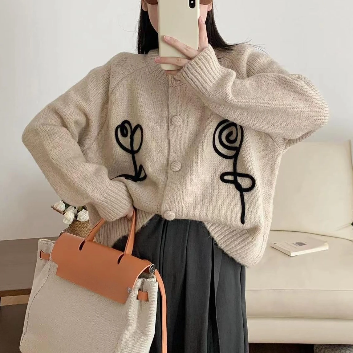 

Autumn Winter single-breasted Knitted Sweater Short Cardigan jacket Loose Crew Neck korean Fashion flower Sweaters youth Women