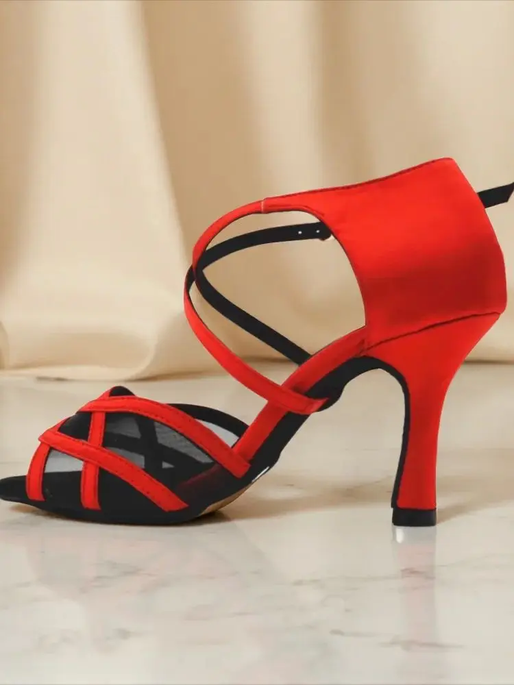 Evkoodance DIY Zapatos De Baile tamaño EE. UU. 4-12 satén rojo con malla negra 8,3 cm altura del tacón zapato De baile De satén latino Evkoo-525