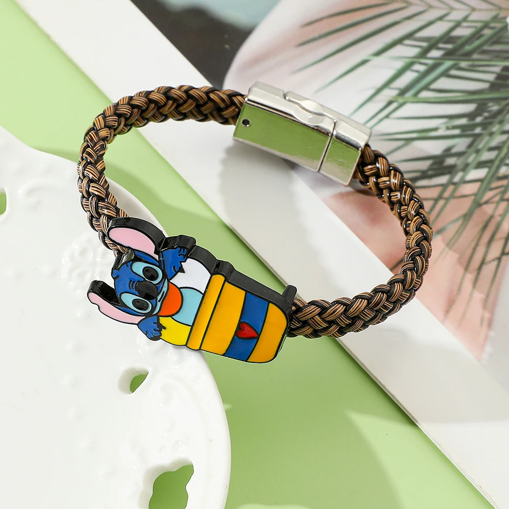 Classic Leather Wrap Bracelet for Men, Metal Magnetic Clasp, Disney Anime Stitch, Fashion Bangle, Male Birthday Gift