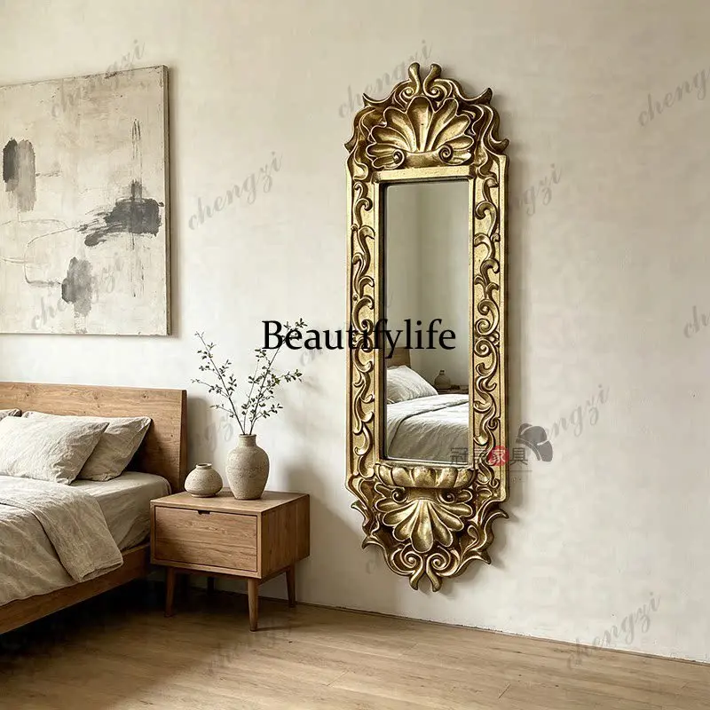 European vintage wall-mounted full-length mirror, French classical wall-mounted ultra-narrow bedroom fitting mirror