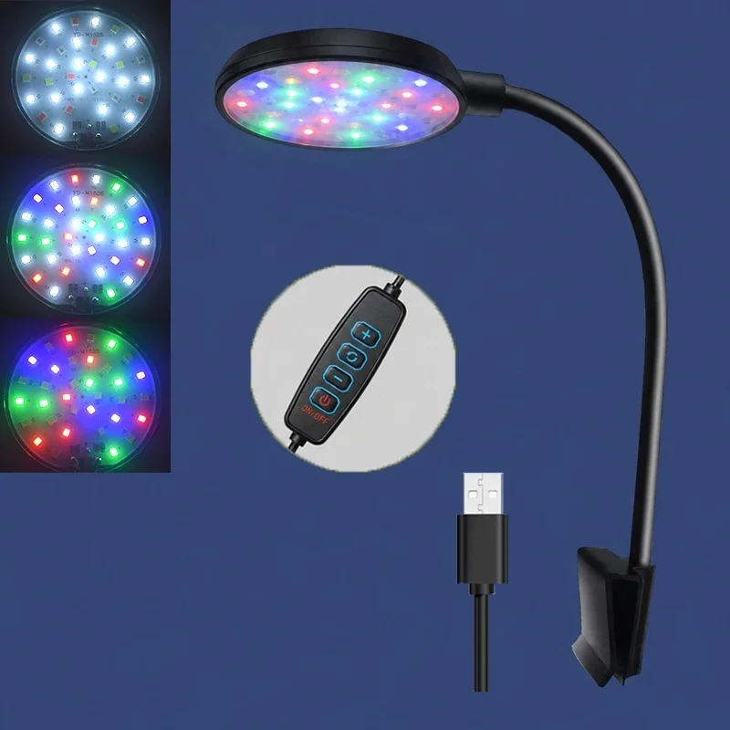 Lâmpada LED USB para Aquário, Luz Decorativa para Tanque de Peixes, Múltiplos Modos, Intensidade Regulável, Espectro Completo, Mini Luz com Clipe 5V