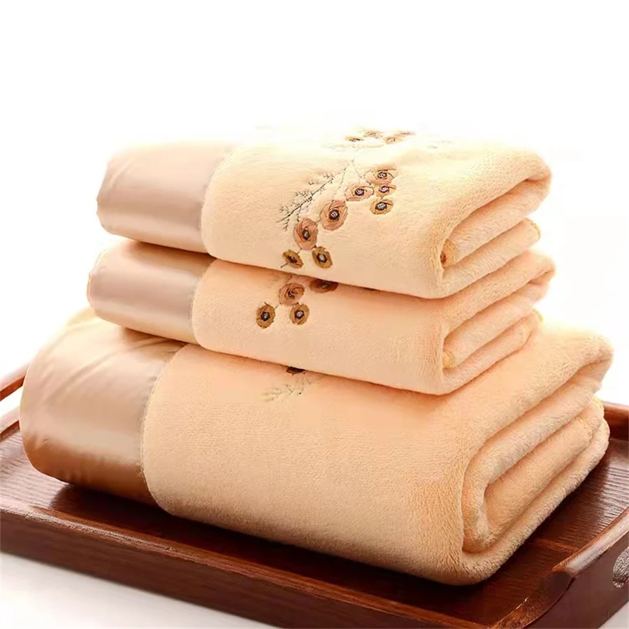 3pcs/set Microfiber Embroidered Towel Set Solid 2pcs 75x35cm Face Towel 1pc 140x70cm Bath Towel Quick Dry Towels Bathroom