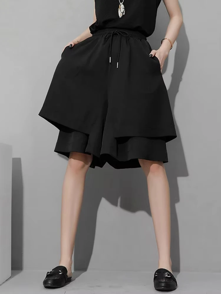 

High Elastic Waist Black Double Layers Half Length Trousers New Loose Fit Pants Women Fashion Spring Summer 2024 1Z302