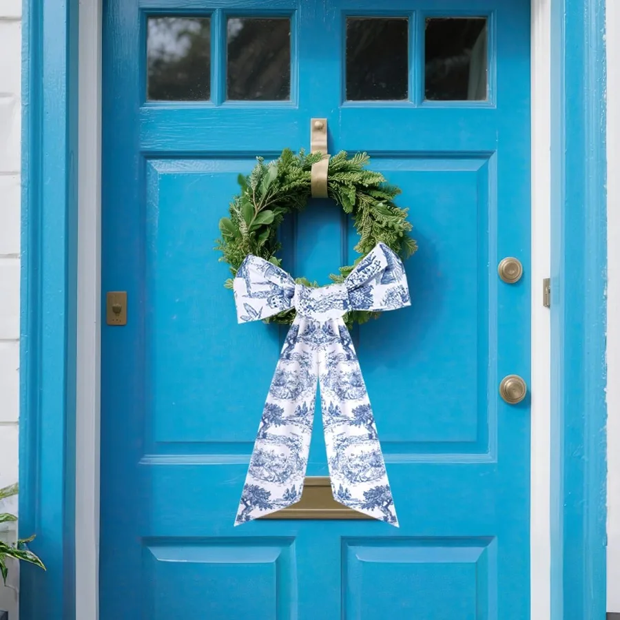 Blue Freh Toile Sash for Wreaths 2 Pcs Rustic Wreath Sashes for Front Door Kitchen Cabinet Wreath Sash for Monogram Embroidery