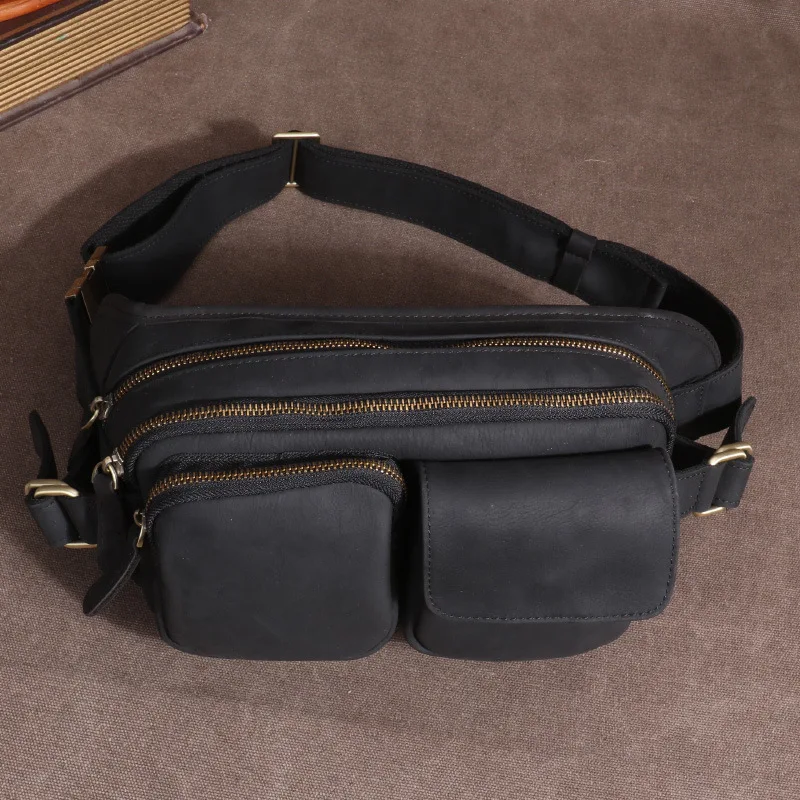 Crazy Horse Leather Waist Bag for Men Multifunctional Fanny Pack for Mobile Phone Chest Bags