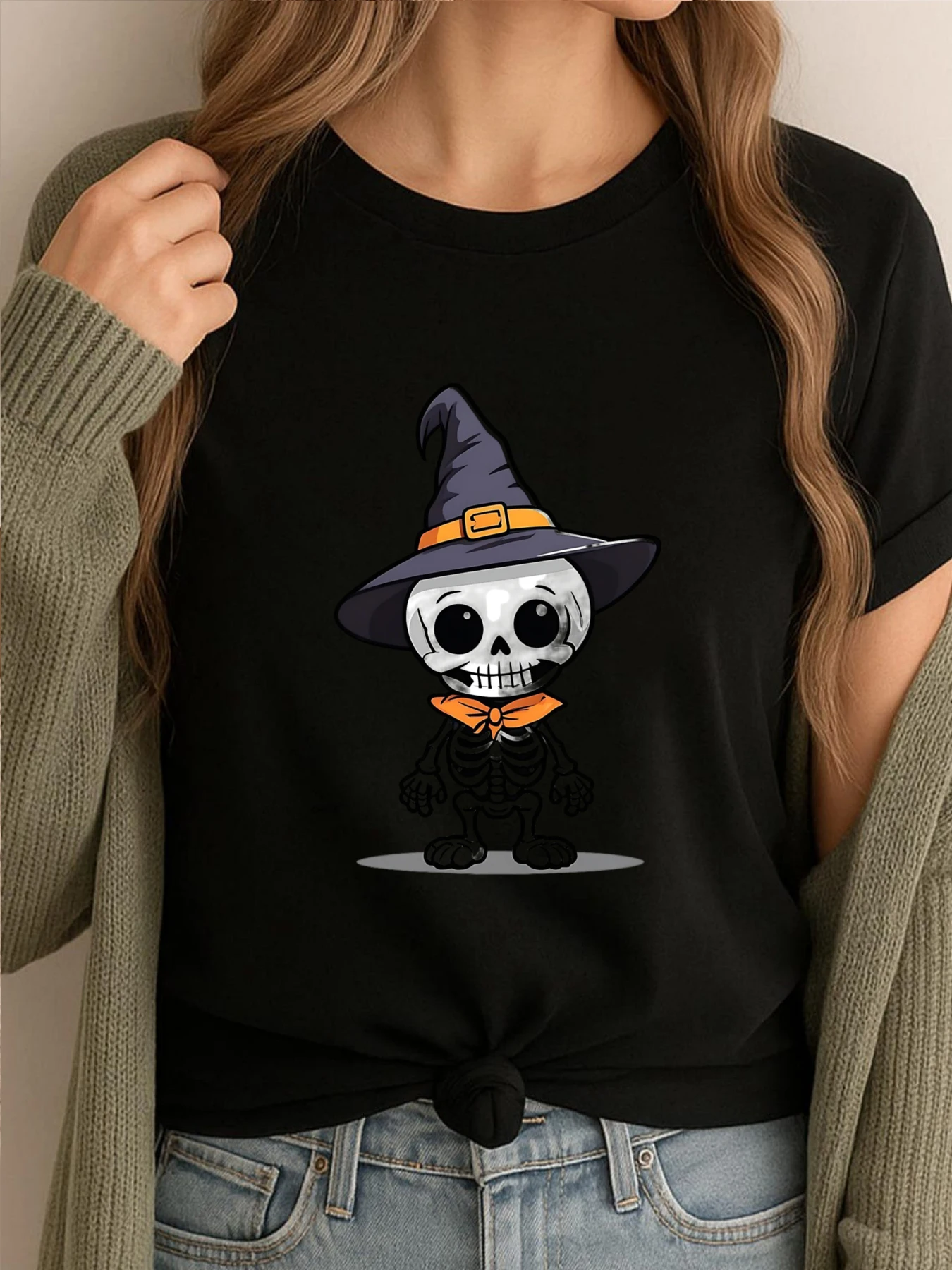 

Милый скелет со шляпой ведьмы, большие и высокие футболки, забавная рубашка, мужская модная одежда большого размера с принтом