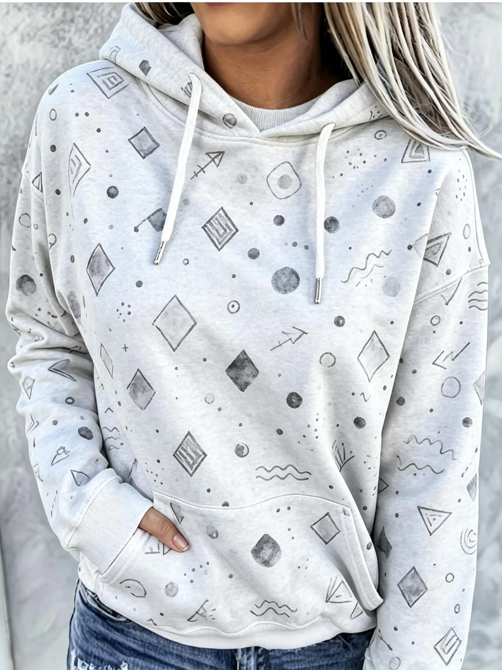 Women Fleece Hoodie Gray Abstract Geometric Doodle All‑Over Print Long Sleeve Drawstring Pocket Loose Hooded Sweatshirt
