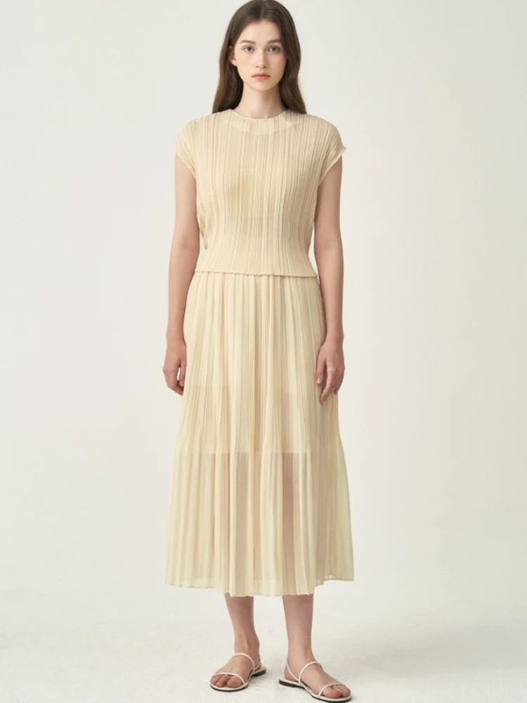 

Ele Comfortable Korean Sle Summer New Arrival irt And Skirt Set without Sves Pleated f-length Faionable