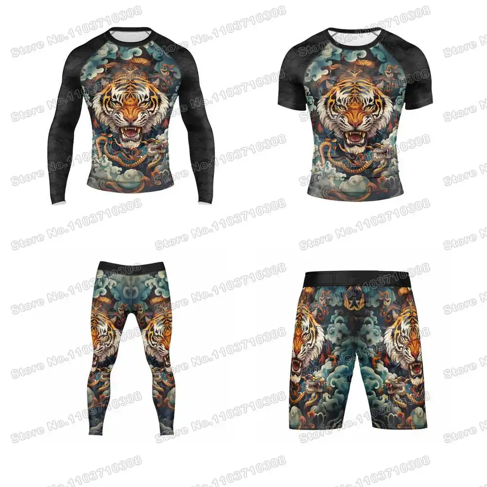 TIGER SPIRIT Shirts WWF Rash Guards Surfing Jersey Beach Shirts Swimwear Diving Gym Shorts MMA BJJ Men Jiu Jitsu Fitness Sets