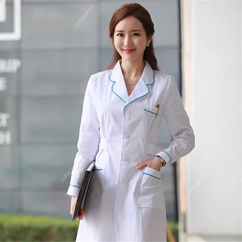 Abrigo de laboratorio para mujer, uniformes médicos de moda, Chaqueta larga con cinturones laterales, Manga corta/manga larga, ropa de trabajo, abrigo blanco para farmacia