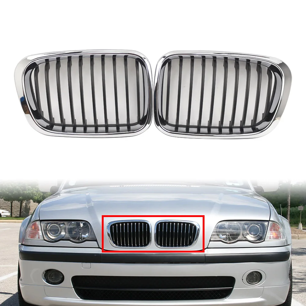 1Pair Front Bumper Kidney Grille Chrome W/ Black Slat Car Accessories For BMW 3 Series E46 4Door 1998 1999 2000 2001 ABS Plastic