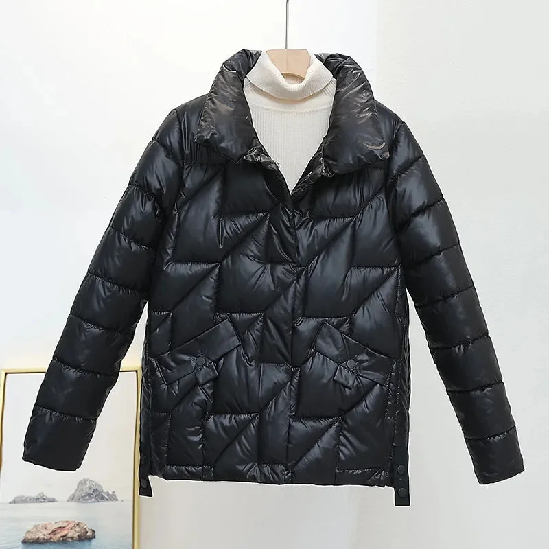 Women Jacket 2023 New Winter Parkas Female Glossy Down Cotton Jackets Stand Collar Casual Warm Parka Short Coat Female Outwear