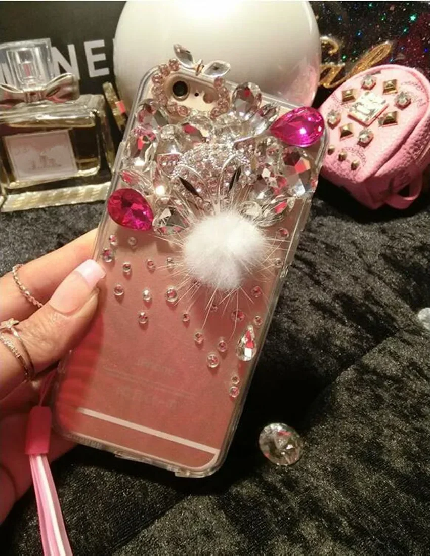 Luxury Bling Crystal Rhinestone Diamond Fox Fur Hair Soft Phone Case for IPhone 16 15Plus 14Pro 11 12 13 Pro XS Max XR Cover